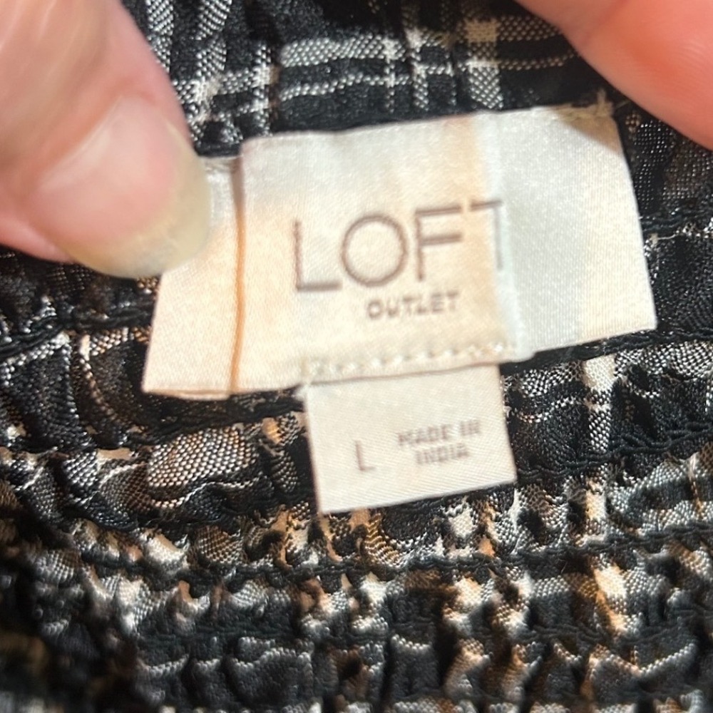 LOFT Outlet Black White Plaid Smocked Midi Dress Square Neck Long Sleeve Large - Picture 4 of 6